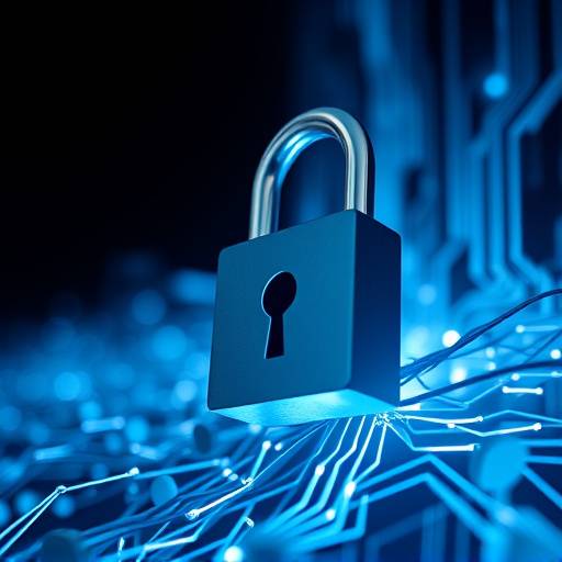 A padlock symbol superimposed on a network diagram, representing cybersecurity.