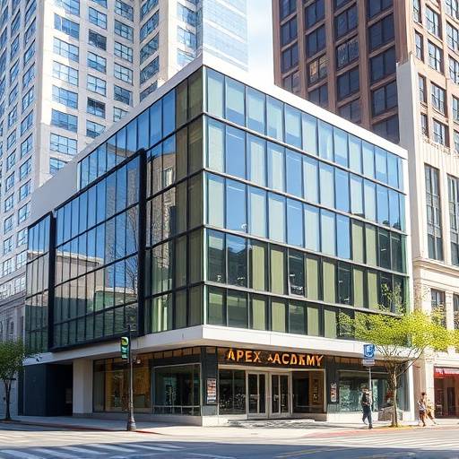 Exterior view of the Apex Academy building in downtown San Francisco, showcasing its modern architecture.