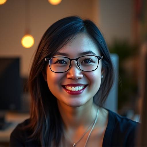 Image of Sarah Chen, UX/UI designer, smiling at her computer.