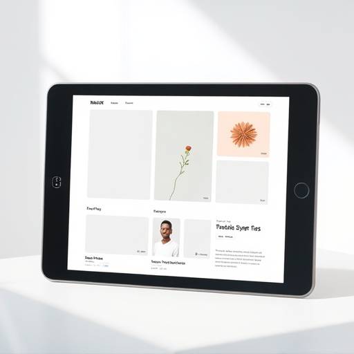 Various design elements on a tablet, including mockups and style guides.